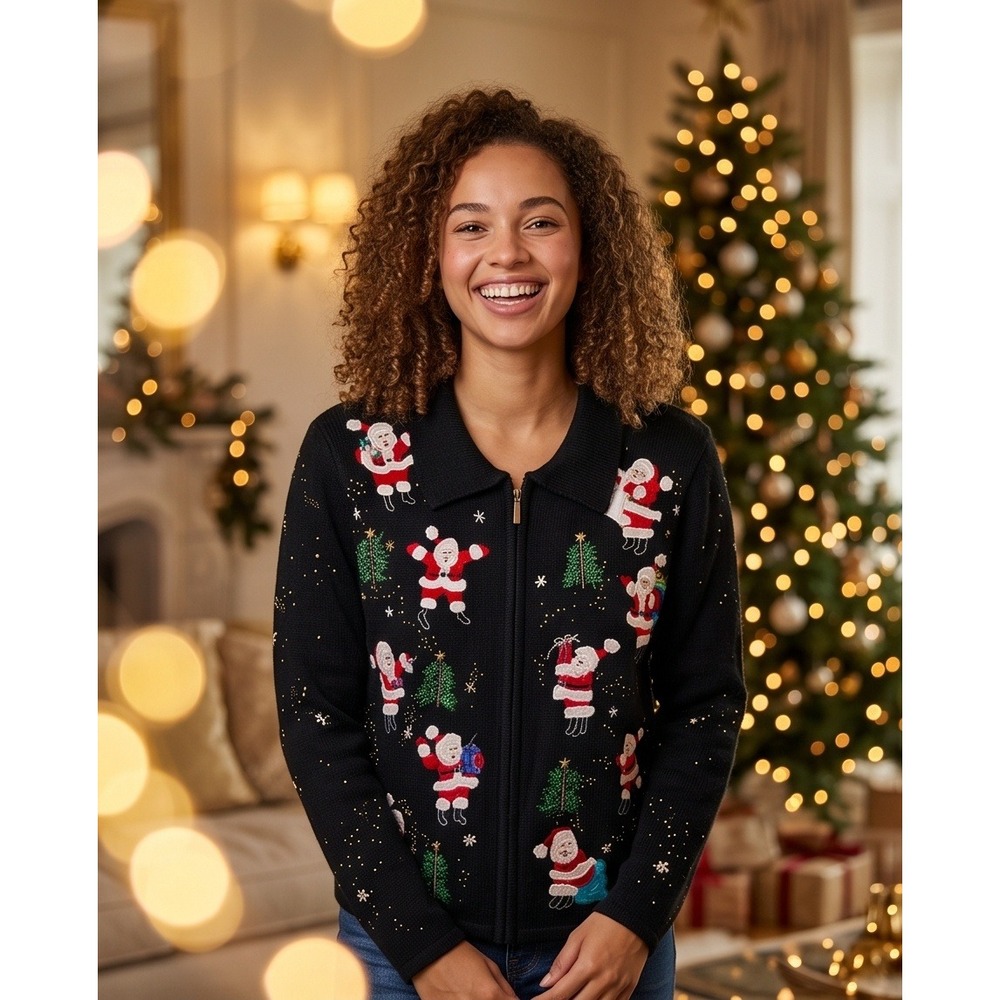 Design Originals S Vintage Black Santa Sleigh Reindeer Embroidered Zip Up